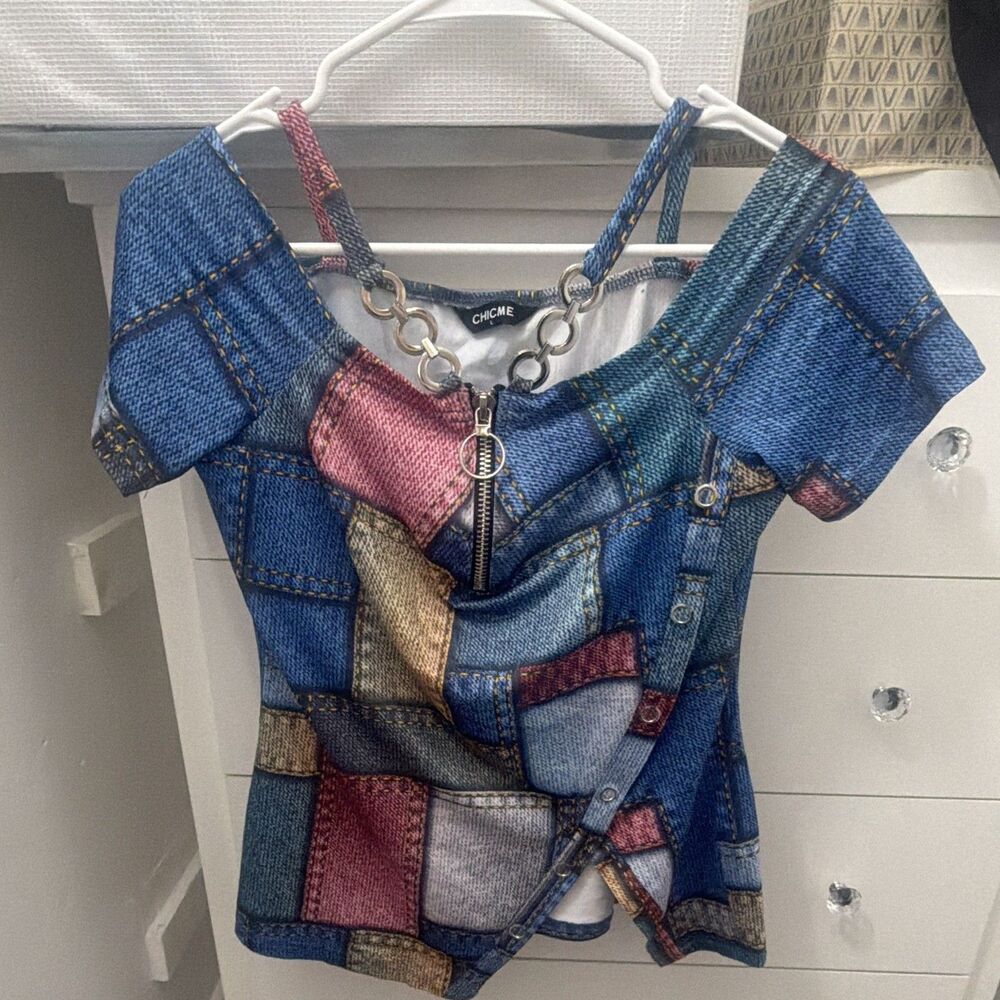 CHICME L Multicolor Patchwork Square Neck Short Sleeve Zip Blouse Top